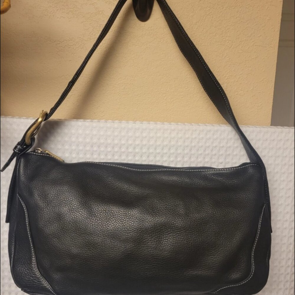 Mila Pauli Women's Genuine Leather Shoulder Bag. Black Pebbled Leather